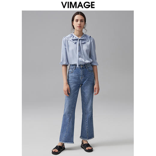 VIMAGE纬漫纪新款娃娃领纯色舒适五分袖衬衣VC2109216 商品图1