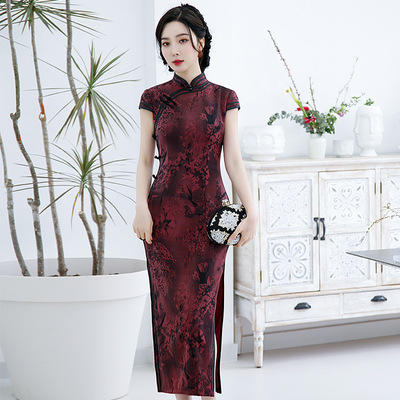 C21040 2021新款时尚女士年轻长款旗袍短袖收腰包臀斜襟立领改良版 商品图2