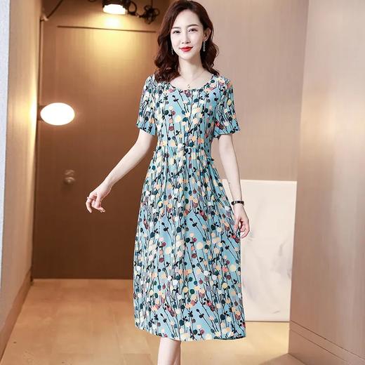 KQLFS85918新款时尚优雅气质宽松圆领短袖中长款真丝碎花连衣裙 商品图0