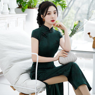 C21040 2021新款时尚女士年轻长款旗袍短袖收腰包臀斜襟立领改良版 商品图4