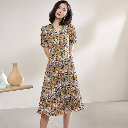 剩S/M/L 米思阳2024夏季新款气质淑女碎花裙系带修身显瘦雪纺连衣裙1066 商品图0