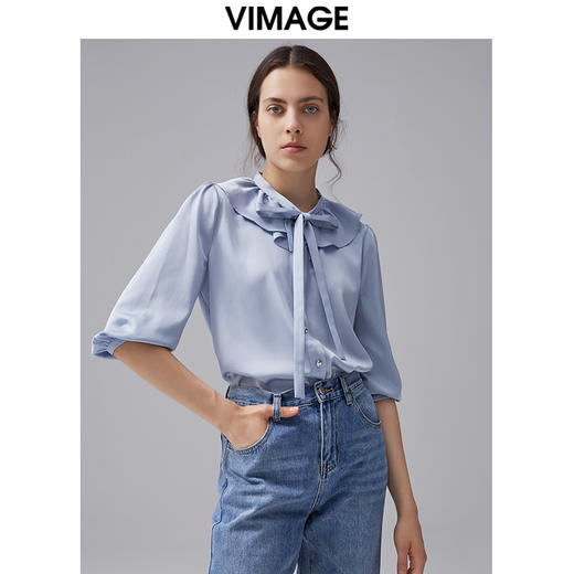 VIMAGE纬漫纪新款娃娃领纯色舒适五分袖衬衣VC2109216 商品图0