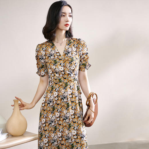 剩S/M/L 米思阳2024夏季新款气质淑女碎花裙系带修身显瘦雪纺连衣裙1066 商品图1