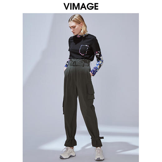 VIMAGE纬漫纪品牌女装秋款时尚显瘦宽松工装休闲高腰收脚长裤女裤V1405012 商品图0