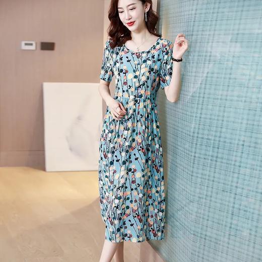 KQLFS85918新款时尚优雅气质宽松圆领短袖中长款真丝碎花连衣裙 商品图3