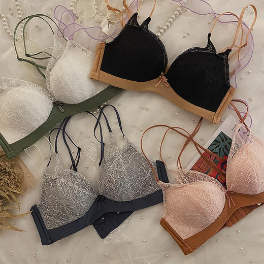 SSEMMY夏日海盐蕾丝聚拢美背内衣裤文胸套装 小胸聚拢不空杯 深v撞色性感设计 无钢圈收紧副乳 调整胸型不下垂 商品图2