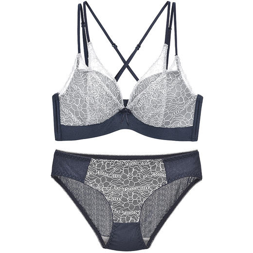 SSEMMY夏日海盐蕾丝聚拢美背内衣裤文胸套装 小胸聚拢不空杯 深v撞色性感设计 无钢圈收紧副乳 调整胸型不下垂 商品图4