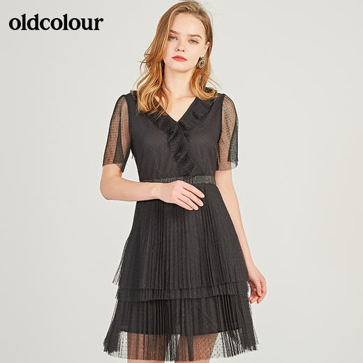 oldcolour欧珂网纱V领收腰短袖连衣裙女中长裙夏季M23101305 商品图1