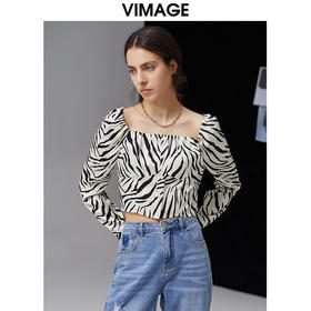 VIMAGE纬漫纪夏季新款宽松印花舒适衬衫女衬衣长袖小上衣V1509131