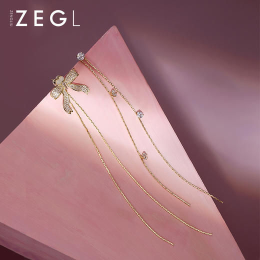 ZEGL蝴蝶结流苏耳环女夏季长款气质小众耳钉925银针不对称耳饰品 商品图3