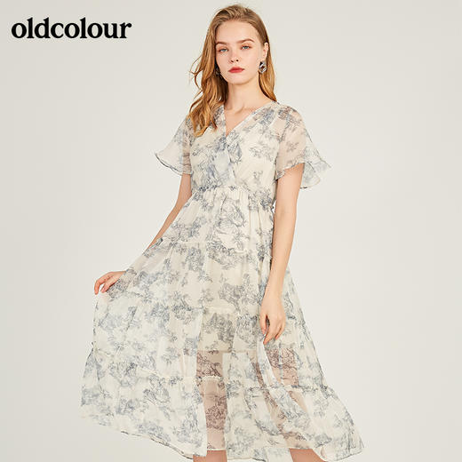oldcolour欧珂印花高腰短袖连衣裙女中长款20夏M23101324 商品图0