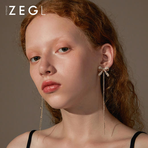 ZEGL蝴蝶结流苏耳环女夏季长款气质小众耳钉925银针不对称耳饰品 商品图2