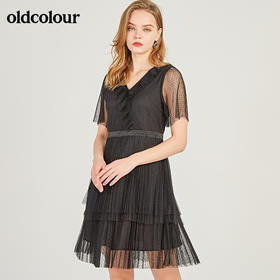 oldcolour欧珂网纱V领收腰短袖连衣裙女中长裙夏季M23101305