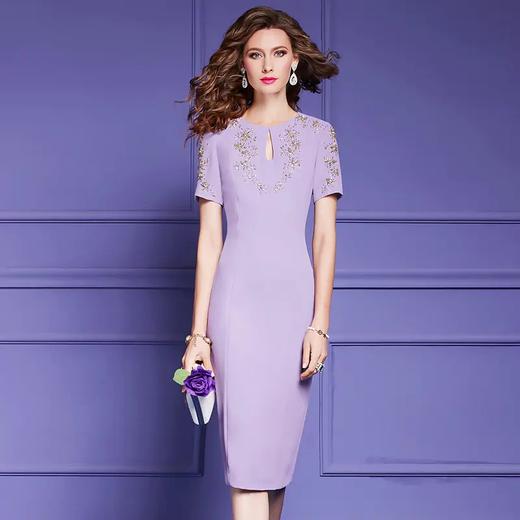 FMY-F21XL38833气质短袖钉珠中长款优雅显瘦包臀裙 商品图4