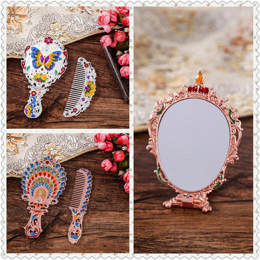 俄罗斯套装欧式折叠化妆镜美女台镜套装复古城堡镜子公主镜手柄镜 商品图8