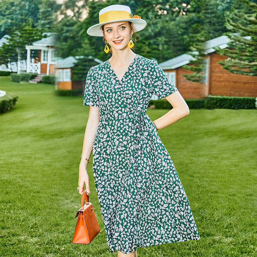 丁摩 夏季新款小碎花桑蚕丝连衣裙v领收腰时尚真丝裙子女Q121159-DW599 商品图3