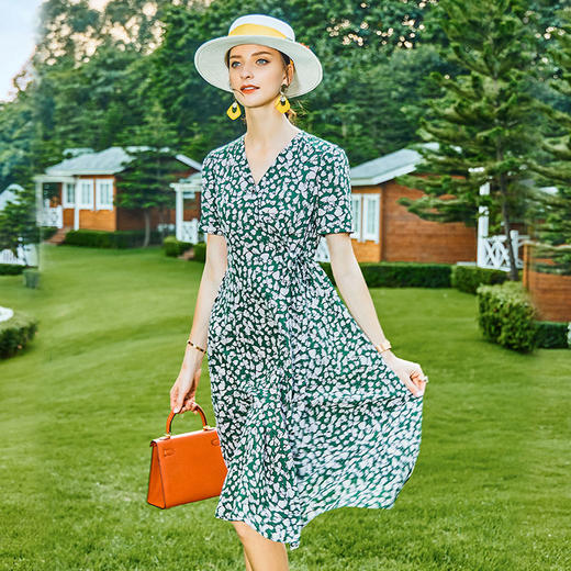 丁摩 夏季新款小碎花桑蚕丝连衣裙v领收腰时尚真丝裙子女Q121159-DW599 商品图1