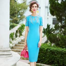 FMY-F21XL38833气质短袖钉珠中长款优雅显瘦包臀裙