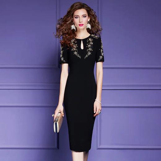 FMY-F21XL38833气质短袖钉珠中长款优雅显瘦包臀裙 商品图5