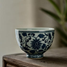 「景德镇仿古手绘明青花瓷鸡心杯」缠枝莲主人杯茶杯品茗杯单杯