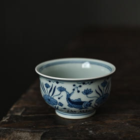 「景德镇仿元手绘鱼藻纹青花瓷茶杯」品茗杯主人杯大号茶盏单杯
