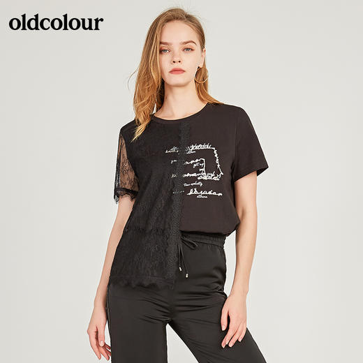 oldcolour欧珂纯棉圆领蕾丝拼接短袖T恤女夏季新款M25021512 商品图0