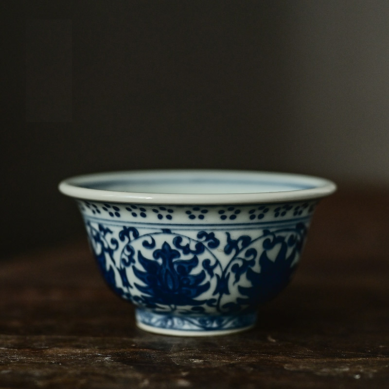 「景德镇手绘仿大明永乐青花陶瓷压手杯」复古内双狮原版茶杯品茗杯 主人杯