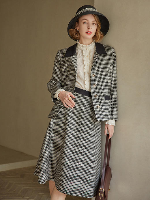 格子半身裙女中长款高腰2022年春夏新款复古千鸟格A字裙百搭裙子 商品图3