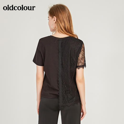oldcolour欧珂纯棉圆领蕾丝拼接短袖T恤女夏季新款M25021512 商品图1