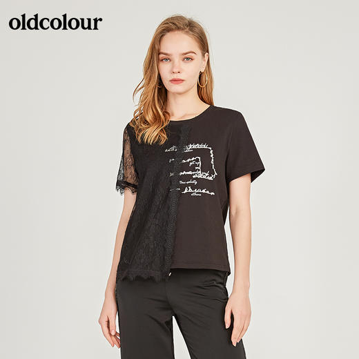 oldcolour欧珂纯棉圆领蕾丝拼接短袖T恤女夏季新款M25021512 商品图3