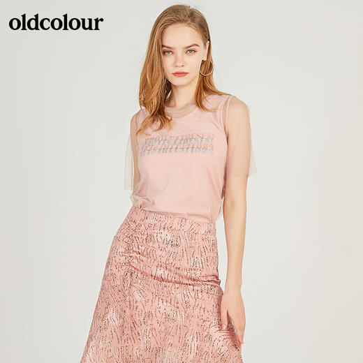 oldcolour欧珂字母网纱圆领短袖T恤女夏季M24021193 商品图0