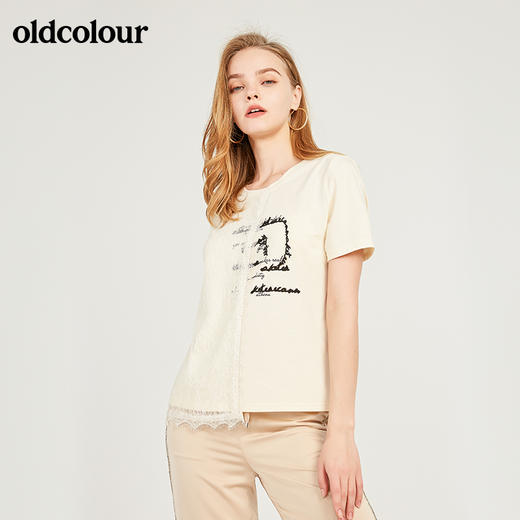 oldcolour欧珂纯棉圆领蕾丝拼接短袖T恤女夏季新款M25021512 商品图2