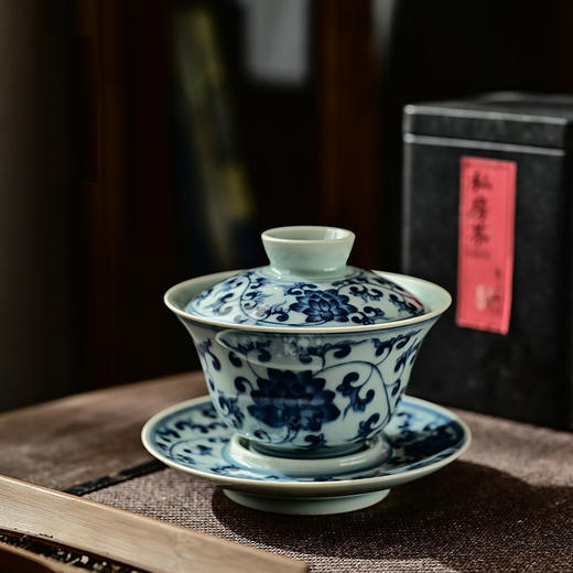 「景德镇仿古手绘缠枝莲青花瓷功夫茶三才盖碗」复古泡茶碗 商品图0