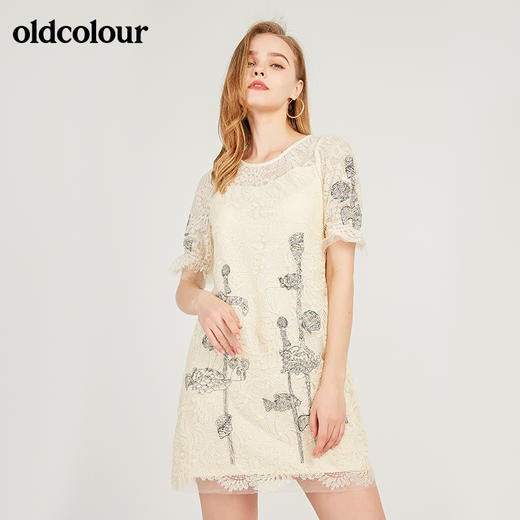 oldcolour欧珂勾花蕾丝直筒短袖连衣裙女夏季M25101511 商品图0