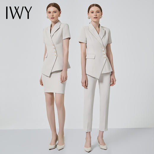 IWY/职业装女气质薄款短袖西装杏色双排扣时尚工作服套装总裁正装C10409+P10409米白 商品图4