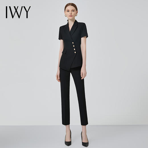 IWY/高端职业装女气质薄款短袖西装黑色双排扣时尚工作服套装总裁正装C10409+P10409黑色 商品图2