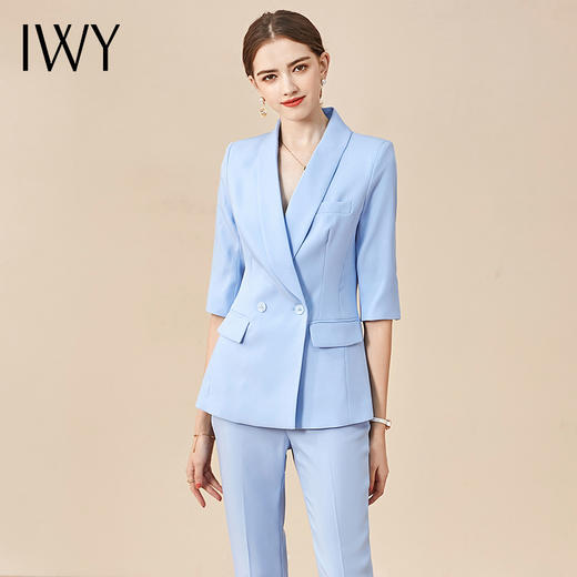 IWY/高端时尚正装蓝色西装套装职场女装五分袖通勤气质西服套裤职业装CP10226蓝色 商品图0
