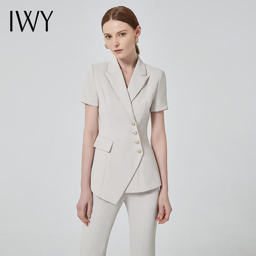 IWY/职业装女气质薄款短袖西装杏色双排扣时尚工作服套装总裁正装C10409+P10409米白 商品图0