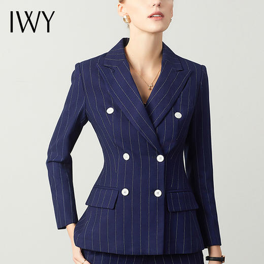 IWY/藏青色条纹职业西装套装女薄款商务工装时尚气质修身双排扣工作服CP871 商品图4