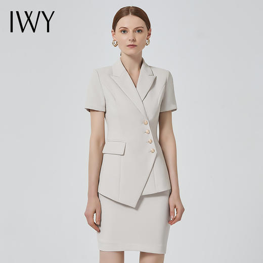 IWY/气质名媛职业装杏色西装套装女薄款时尚短袖套裙通勤商务工作服C10409+S10409米白 商品图1