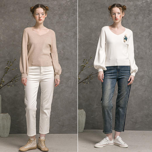 famecoco范可儿V领针织衫女秋长袖灯笼袖纯色宽松套头毛衣D216DD300 商品图4