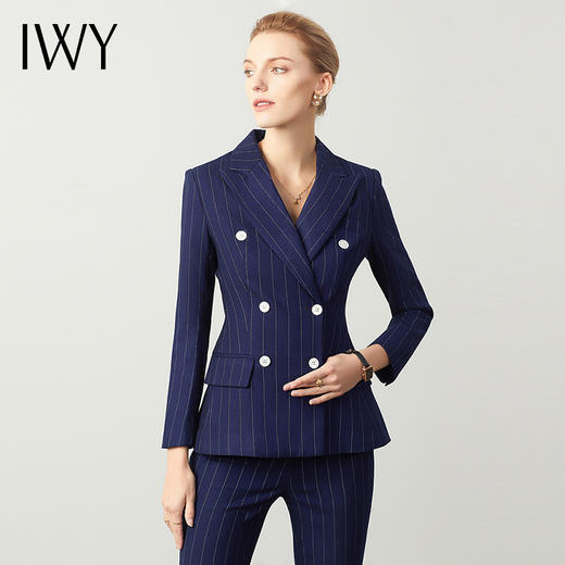 IWY/藏青色条纹职业西装套装女薄款商务工装时尚气质修身双排扣工作服CP871 商品图1