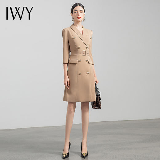 IWY/气质双排扣卡其色西装连衣裙女收腰显瘦职业女裙七分袖通勤工作服Q470 商品图2