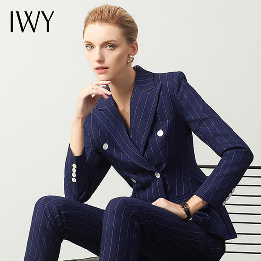 IWY/藏青色条纹职业西装套装女薄款商务工装时尚气质修身双排扣工作服CP871 商品图0