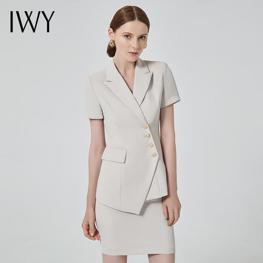 IWY/气质名媛职业装杏色西装套装女薄款时尚短袖套裙通勤商务工作服C10409+S10409米白 商品图2