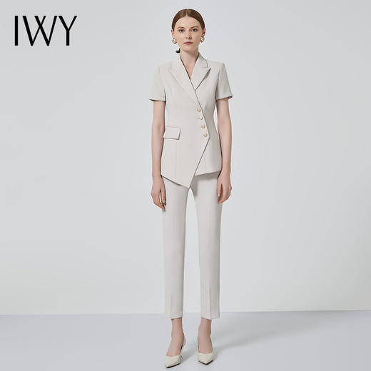 IWY/职业装女气质薄款短袖西装杏色双排扣时尚工作服套装总裁正装C10409+P10409米白 商品图2