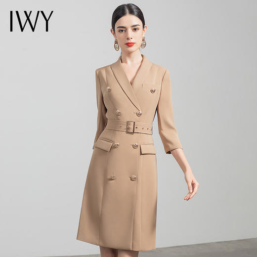 IWY/气质双排扣卡其色西装连衣裙女收腰显瘦职业女裙七分袖通勤工作服Q470 商品图0