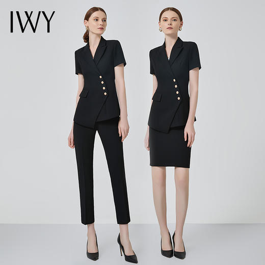IWY/高端职业装女气质薄款短袖西装黑色双排扣时尚工作服套装总裁正装C10409+P10409黑色 商品图4