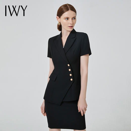 IWY/高端职业装女气质薄款短袖西装套裙双排扣时尚修身工作服总裁正装C10409+S10409黑色 商品图1
