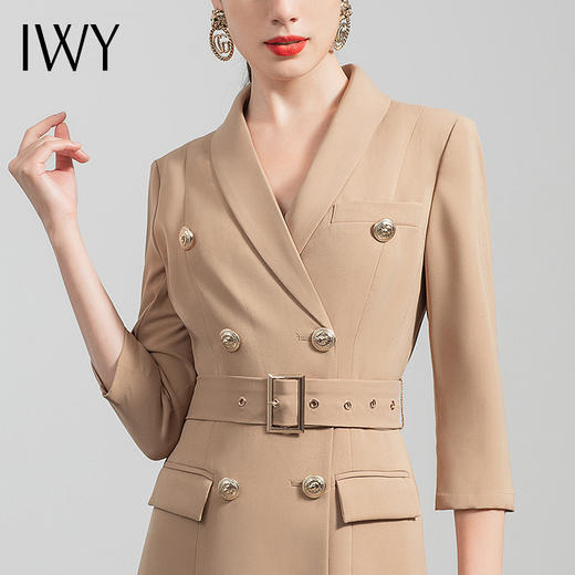 IWY/气质双排扣卡其色西装连衣裙女收腰显瘦职业女裙七分袖通勤工作服Q470 商品图4